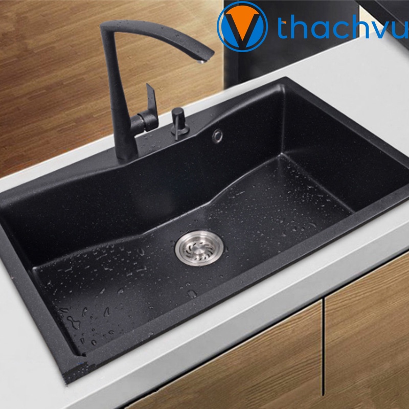 Chậu rửa chén bát bằng đá 1 hộc lớn 75x49 kèm xả, bồn đá granite chống xước không ố vàng, tráng men chống thấm vĩnh viễn