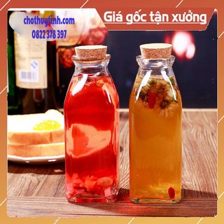 Chai thủy tinh vuông nút bần 350ml đựng nước ngọt, nước yến