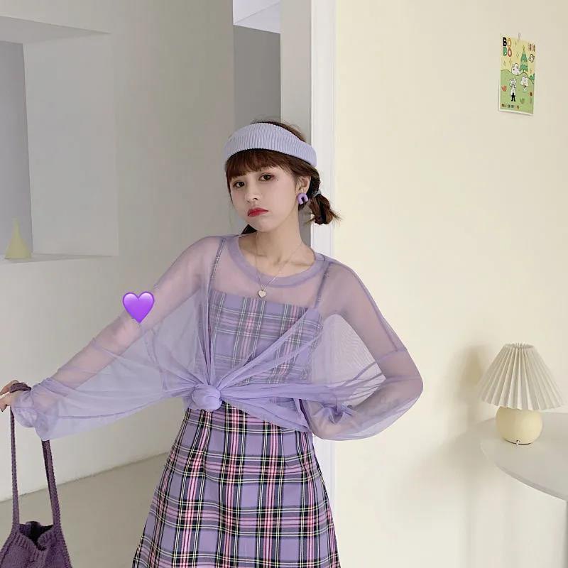 Bộ đầm IELGY màu tím phối lưới thời trang mùa hè phong cách Hàn Quốc cho nữ