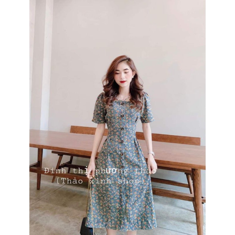 Váy hoa nhí nhung bo eo 2 màu cam đất, xanh siêu xinh