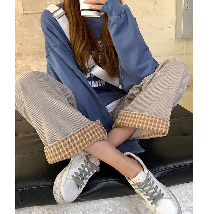 Xiaozhainv Quần dài ống rộng họa tiết caro thời trang phong cách Hàn Quốc cho nữ