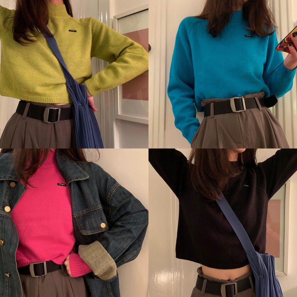 Áo len cổ lọ thấp tay dài form croptop Hàng Quảng Châu