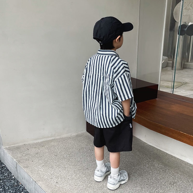 Áo Sơ Mi Cotton Ngắn Tay Họa Tiết Kẻ Sọc Thời Trang Mùa Hè Cho Bé Trai