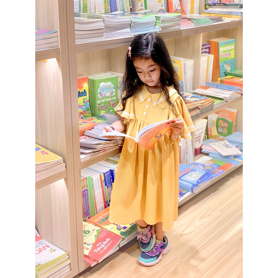 Váy Bé Gái Thiết Kế Nora Màu Vàng Nắng, Tay Áo Cánh Tiên Viền Ren BEBAE KIDSWEAR