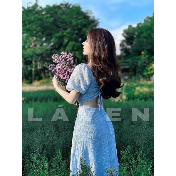 Đầm maxi voan bi cutout lưng cổ vuông tay phồng màu xanh/hồng NÀNG CLOSET
