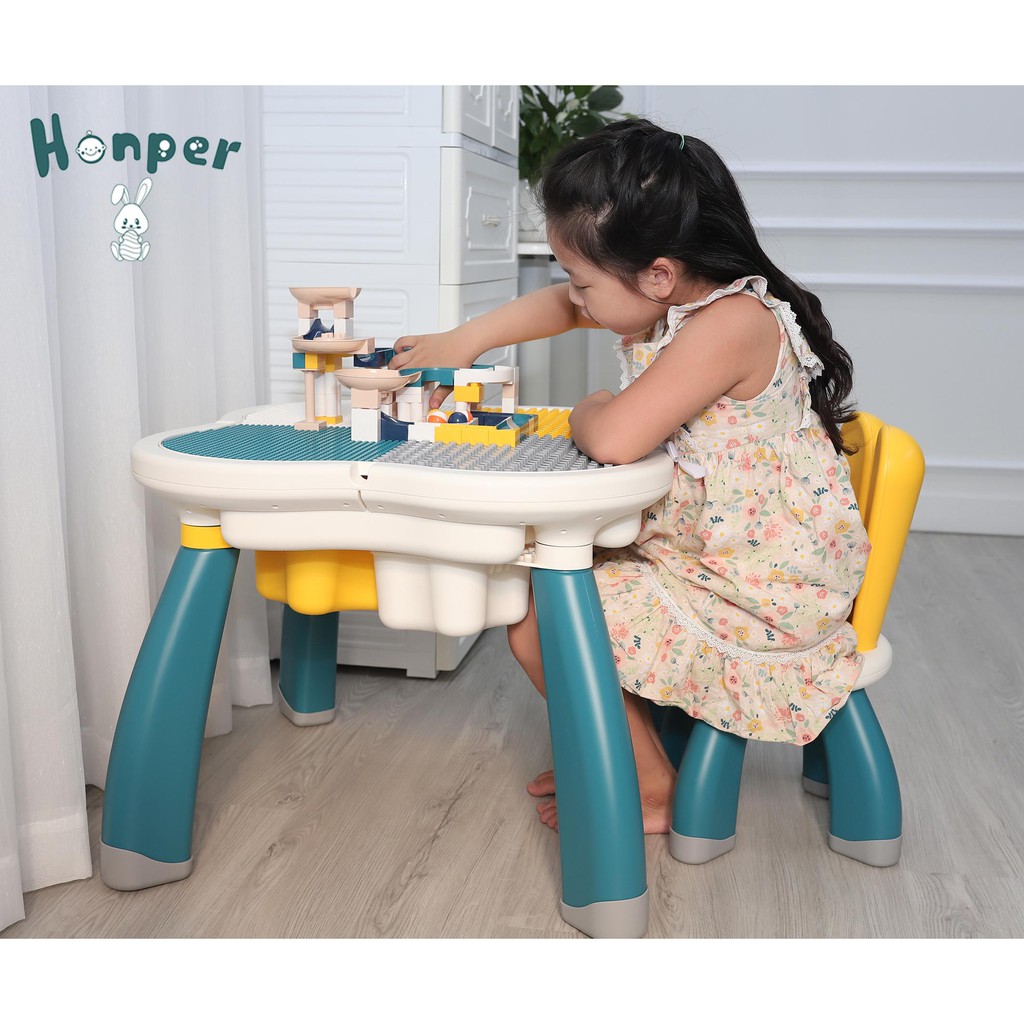 Bộ bàn ghế lego honper cỡ lớn thiết kế 3 in 1 tặng kèm bộ ghép hình 85 chi tiết phân phối chính hãng Bonbon Mart