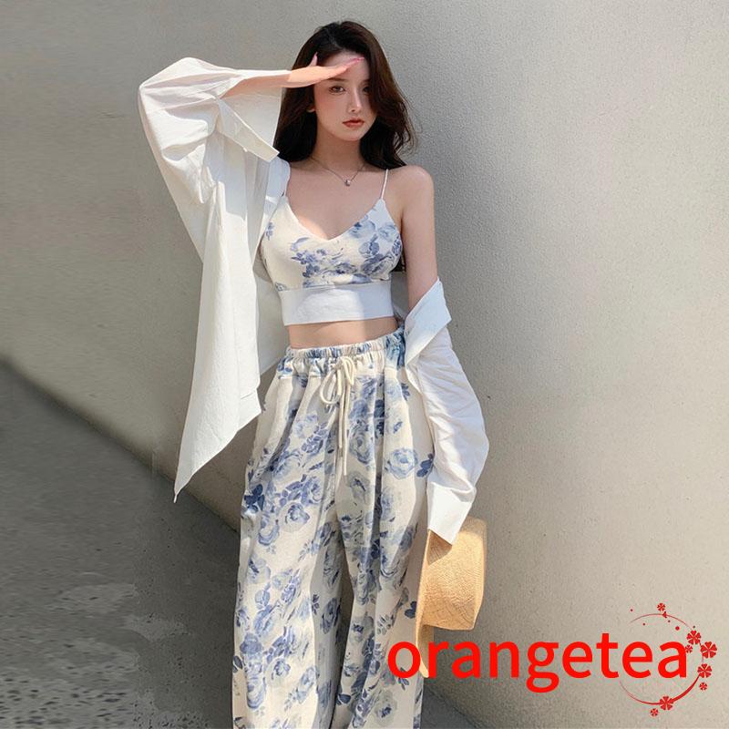 Set Đồ 2 Món Gồm Áo Cổ Chữ V In Họa Tiết Hoa + Quần Dài Lưng Thun Dây Rút Cho Nữ