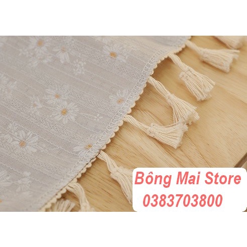 [100*140cm] Khăn trải bàn vải linen họa tiết hoa cúc có tai treo phong cách vintage cổ điển [T050]