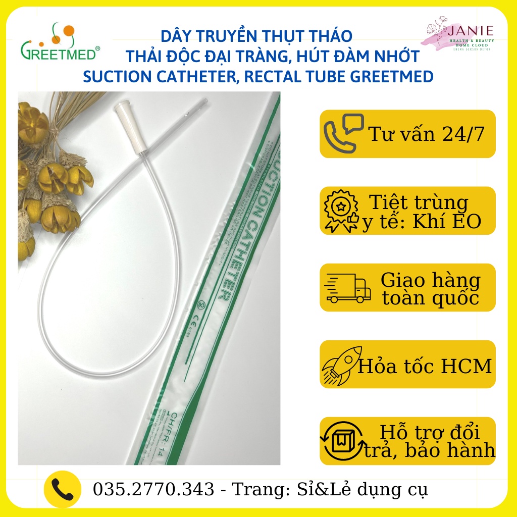 Dây truyền thụt tháo đại tràng GREETMED enema cà phê (dùng với túi truyền và xô), dây hút nhớt không khóa Suction