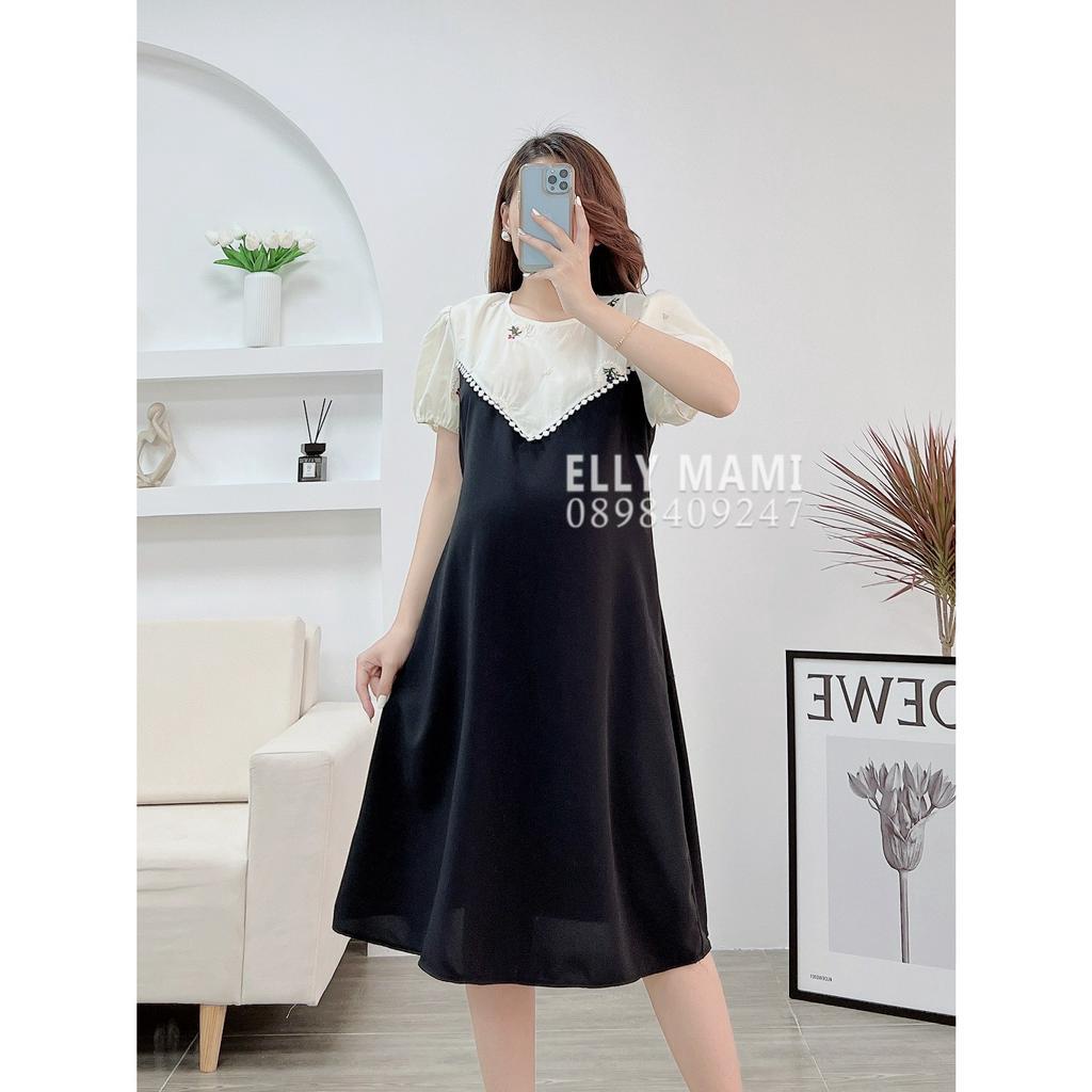 ( 40kg - 110kg ) Đầm Bầu , Suông Cổ Kem Hoa Thêu Tay Phồng Form Dễ Mặc Thoải Mái Suốt Thai Kì &amp; Sau Sinh Thiết Kế