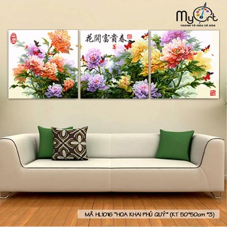 Set 3 bức tranh sơn dầu số hóa tự tô màu DIY - HL1016 Hoa khai phú quý Tranh hoa mẫu đơn phong thủy Myart