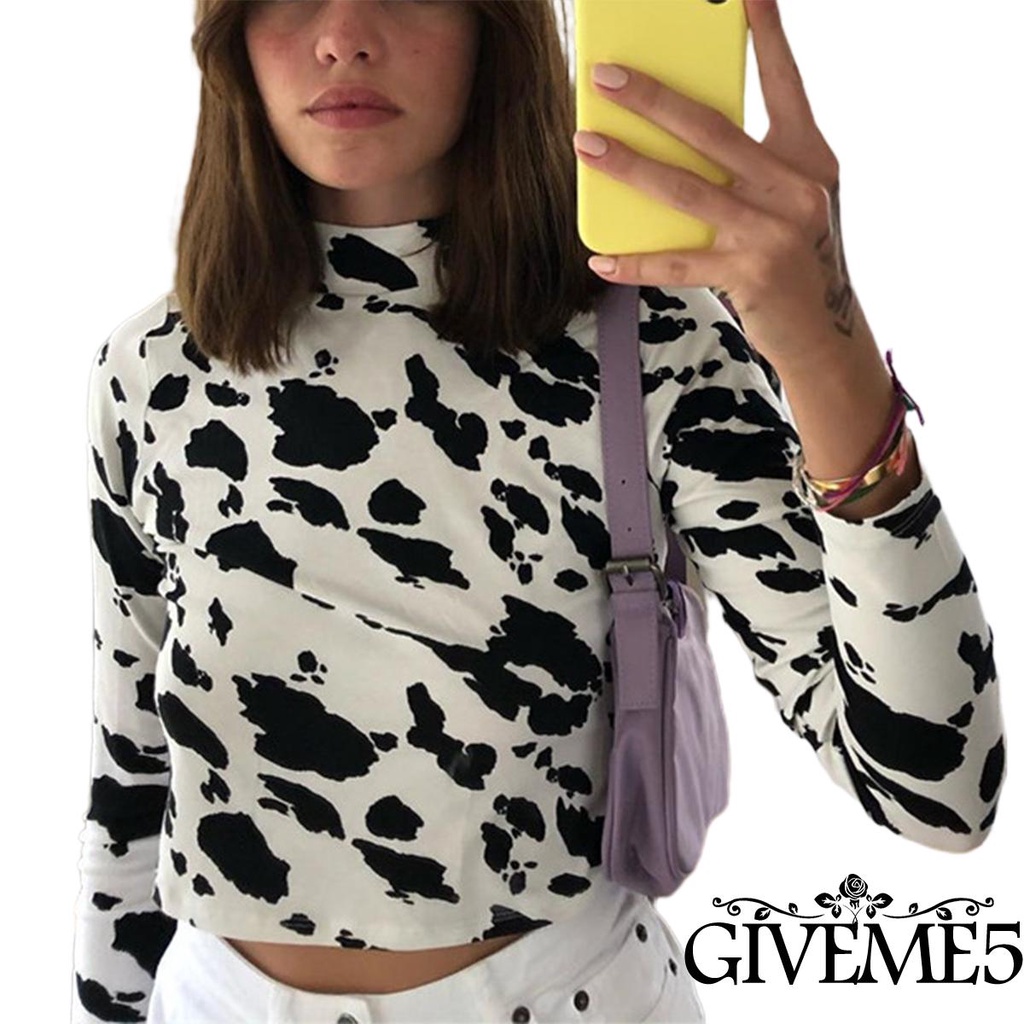 Áo Lửng Tay Dài Cổ Lọ Họa Tiết Da Bò Thời Trang Cho Nữ