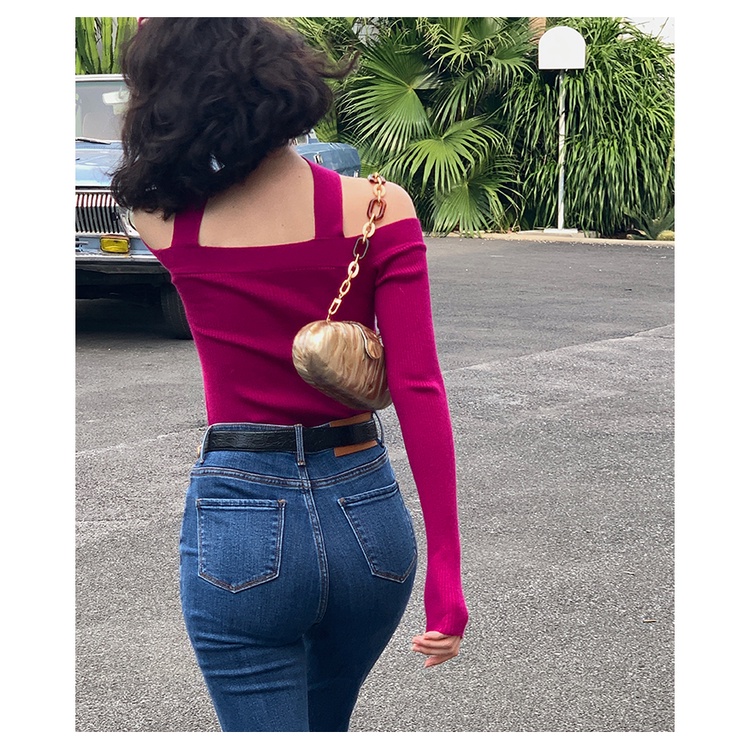 Áo dệt kim SUXI trễ vai dáng ôm thời trang màu thu quyến rũ cho nữ