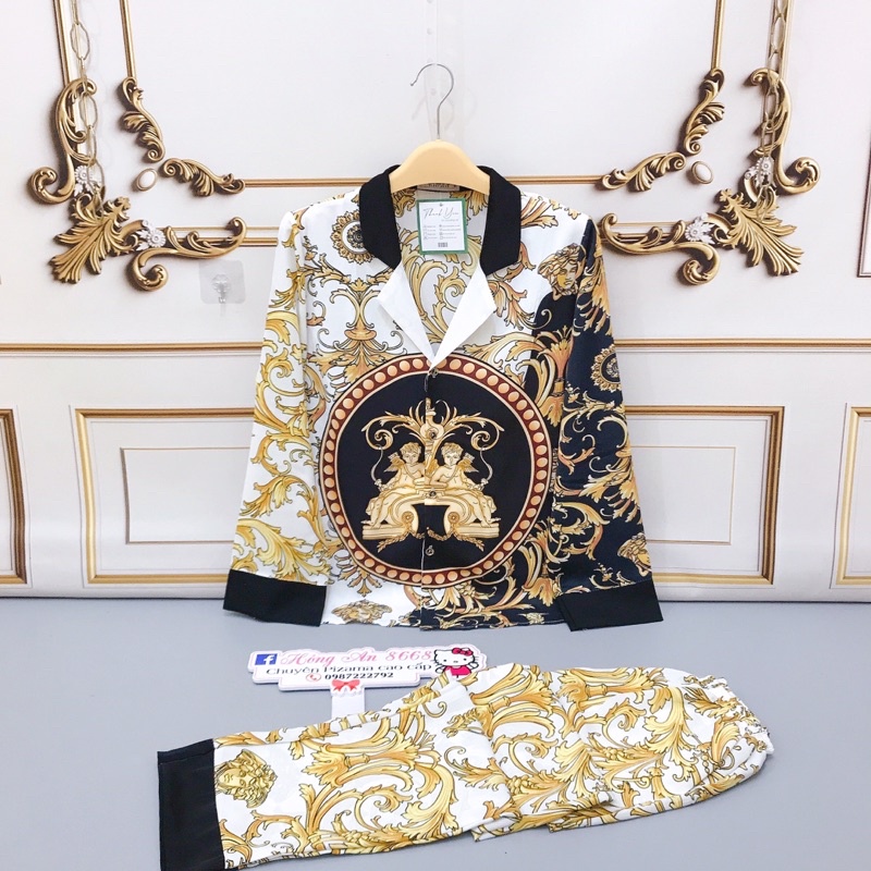 Bộ Pizama mặc nhà thiết kế lụa cao cấpBộ Ngủ lụa tay dài quần dài hoạ tiết sang trọng mát  [ẢNH THẬT +VIDEO]
