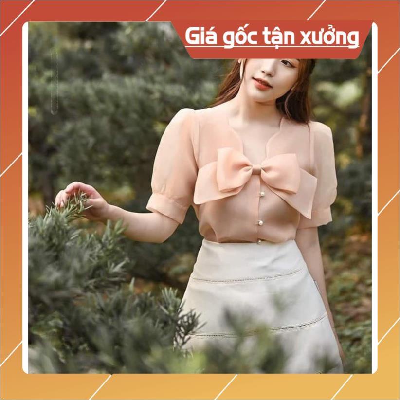 [Chất lượng số 1] Áo sơ mi công sở nữ- Áo sơ mi tơ lưới tay bồng cổ đính nơ thời trang | BigBuy360 - bigbuy360.vn