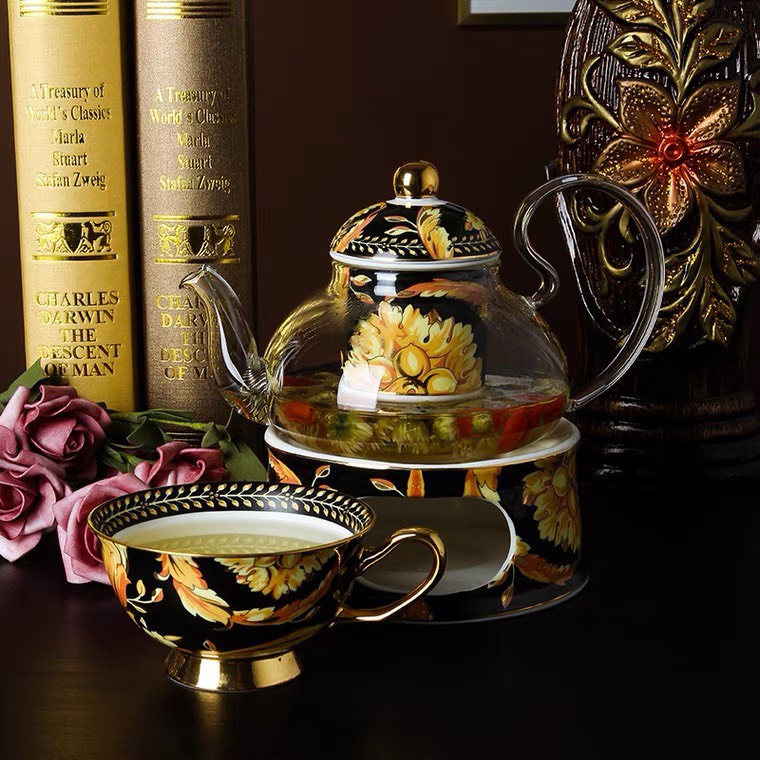 Bộ ấm chén, set trà đen vàng, chất liệu sứ xương cao cấp, có hộp, sang trọng, đăng cấp hoàng gia, hoa đen