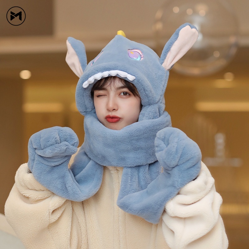 Bộ Đồ Chơi Thú Nhồi Bông Hình Khủng Long Dễ Thương Giữ Ấm Tai Và Khăn Choàng Cổ Dày Dặn