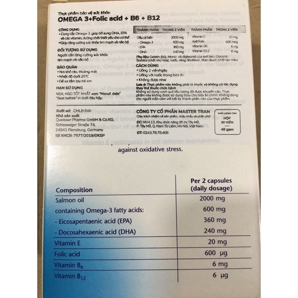 Omega3 + Folic Acid + B6 + B12 Aktiv Dopper herz (Đức)(dùng cho ngừơi từ 10 tuổi trở lên...)