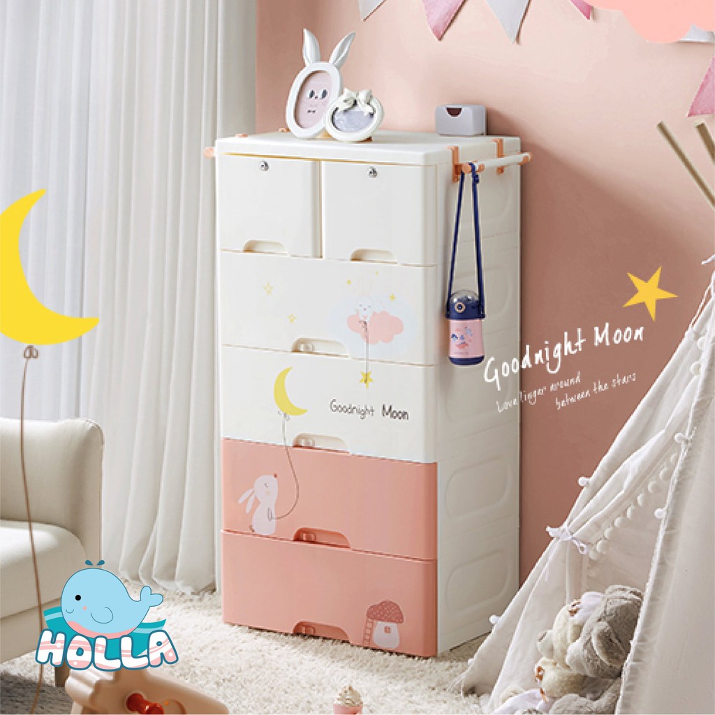 Tủ nhựa 5 tầng cho bé và gia đình CAYABE Holla đựng quần áo, đồ dùng thỏ con màu hồng có bánh xe