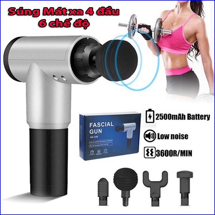 Máy Massage Cầm Tay - Súng Massage Cầm Tay 4 Đầu 6 Chế Độ hổ trợ mát xa toàn thân