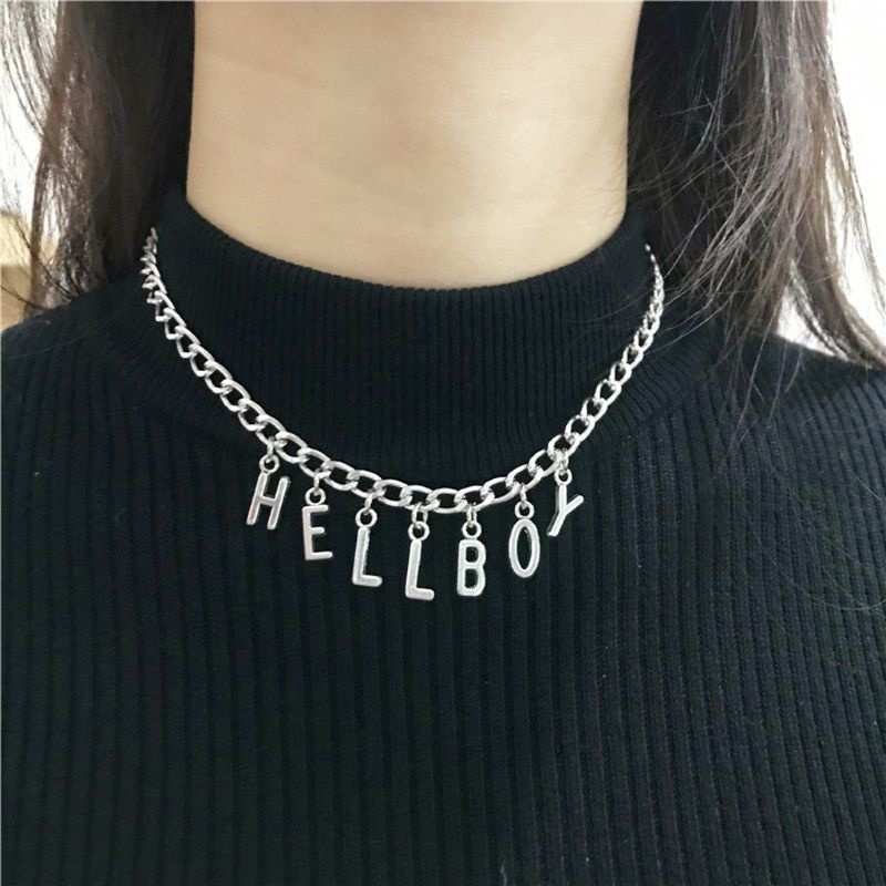 Vòng cổ Choker Màu Bạc Mặt Chữ Hellboy Phong Cách Punk Thời Trang Cho Nữ