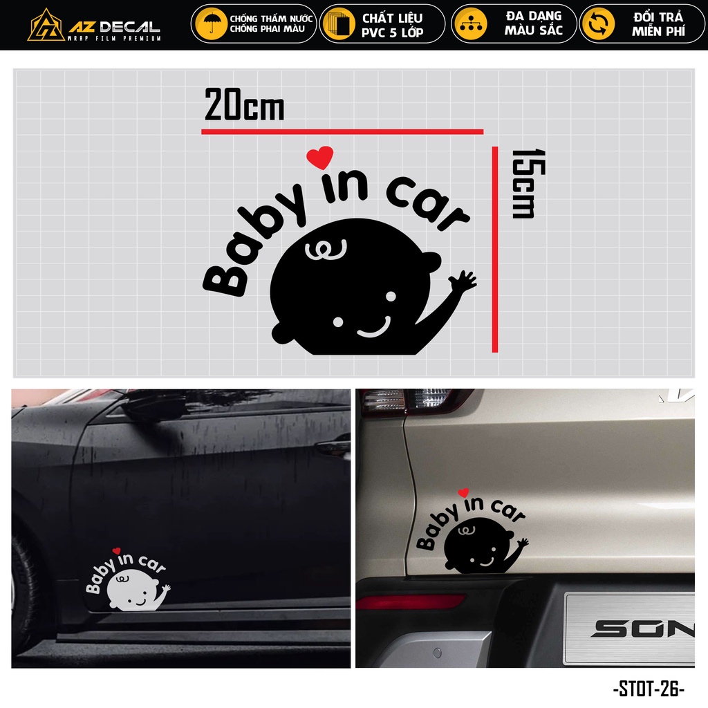 Tem Dán Xe Ô Tô Thiết Kế Baby In Car | STOT-26 | Sticker Oto Xe Hơi Sườn Cửa Xe Cản Sau Kính Lái... Chống Nước