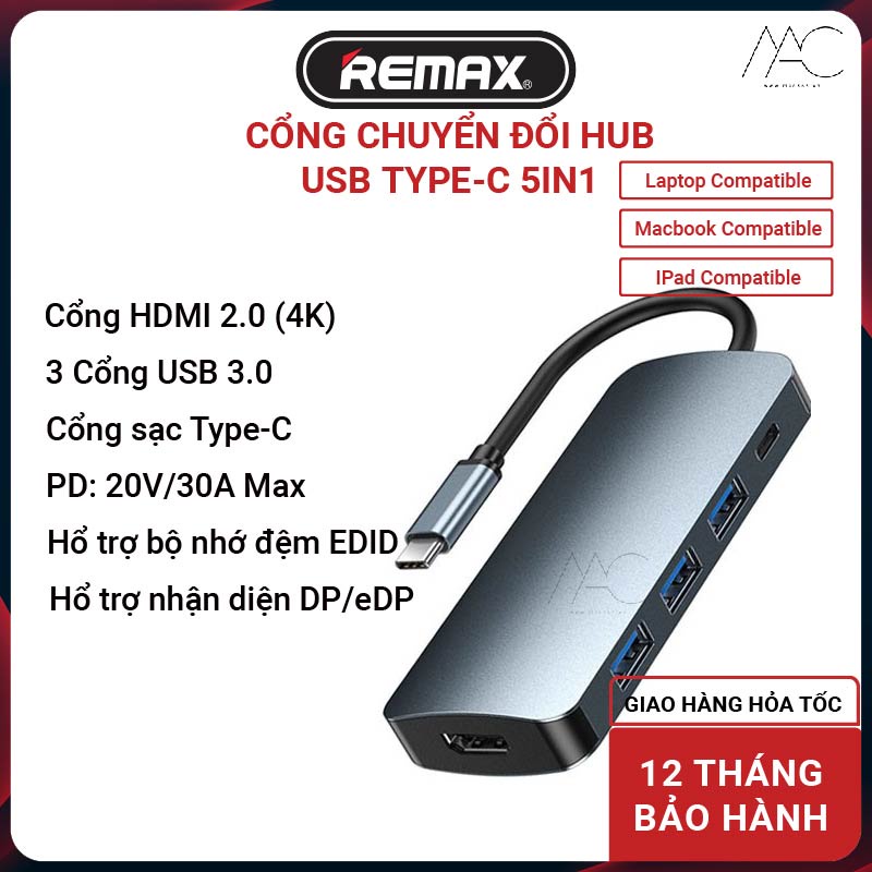 Hub Type C Chuyển Đổi 5 trong 1 REMAX USB 3.0, TF/SD Card Reader, Type C PD Adapter cho Macbook/ iPad/ Laptop