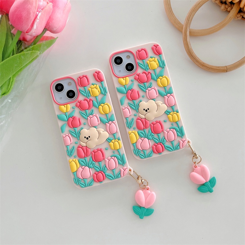 Ốp Điện Thoại Silicon In Hình Gấu Hoa Tulip Cho iPhone XS Max 11ProMax 12ProMax 13ProMax