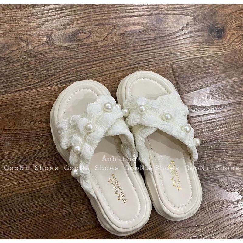 Dép quai chéo đế bánh mỳ đính ngọc 3 màu siêu hot, phong cách tiểu thư, dễ thương dành cho nữ