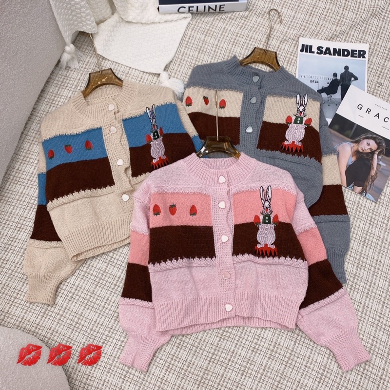 Áo len cadigan nữ chú thỏ cà rốt phối màu vintage