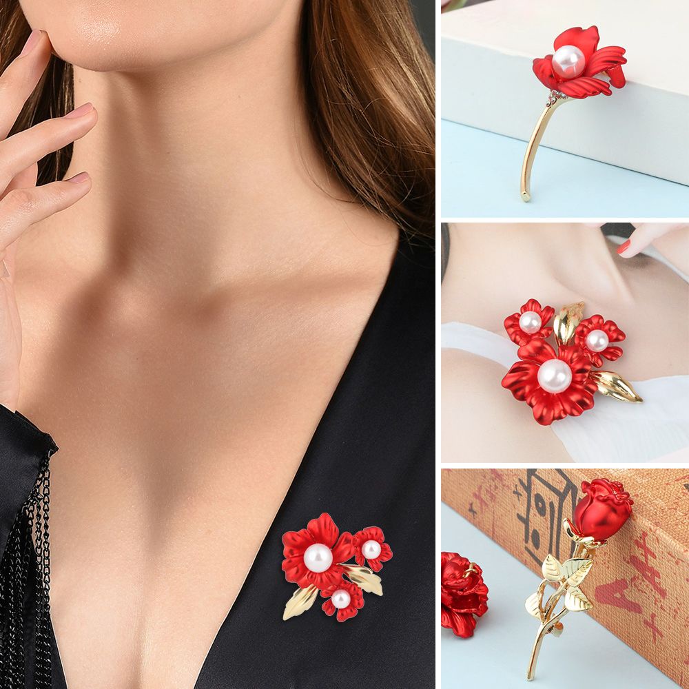 Ghim băng cài áo hoa hồng đỏ đính ngọc trai giả sành điệu tinh xảo làm phụ kiện trang phục