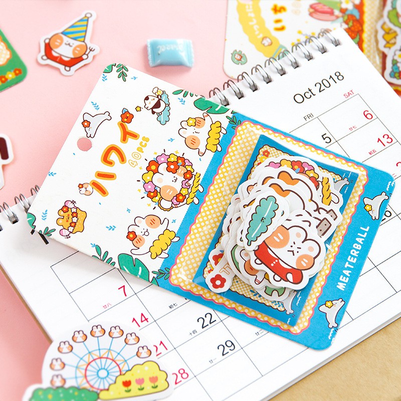 Set Sticker Mini Gói 40 Hình Dán Sổ, Book Mark Đa Năng Hình Thỏ Cam Nhiều Theme