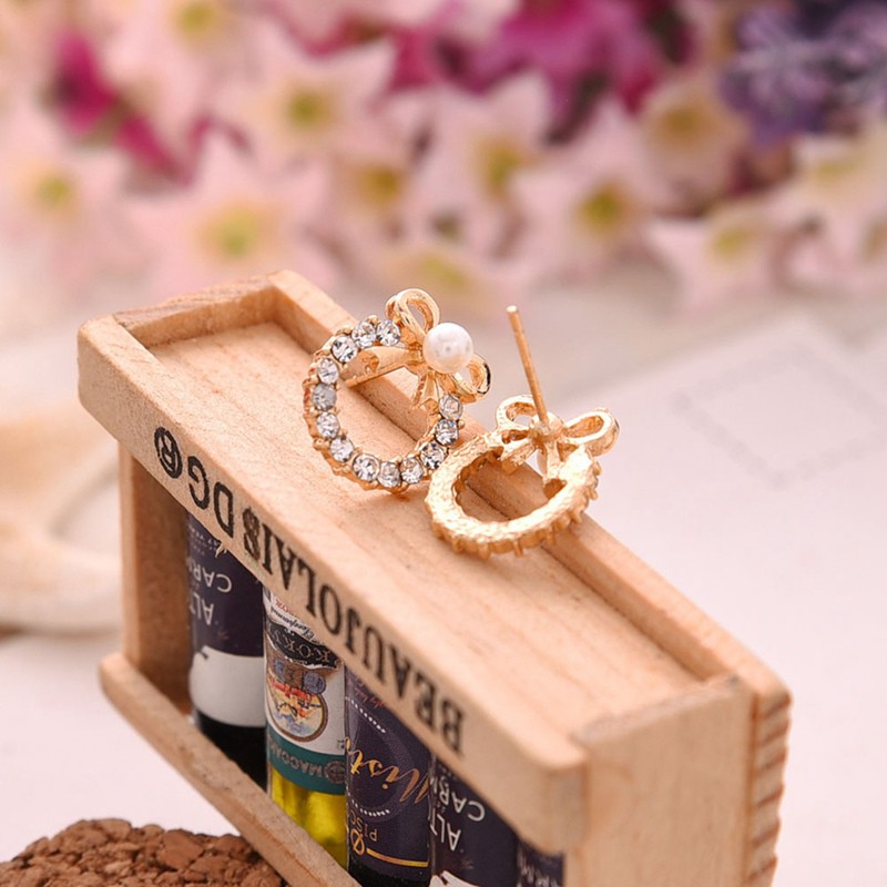 Bông tai nữ trang trí nơ đính ngọc trai trẻ trung ngọt ngào