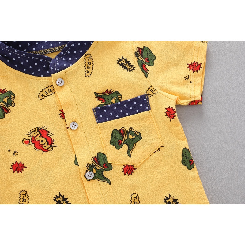 Set đồ 2 mảnh gồm áo sơ mi tay ngắn in họa tiết hoạt hình + quần short thời trang cho bé trai