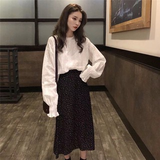 [AE208] Áo sơ mi nữ dài tay phối ren + váy dài chấm bi (MY)