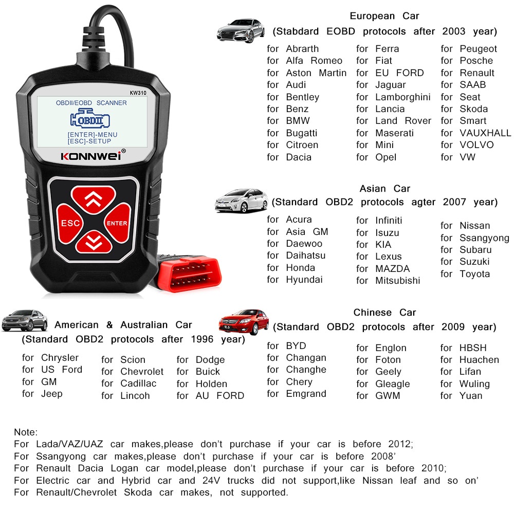 Konnwei kw310 obd2 Cho Máy Quét Xe Hơi Tự Động obd 2, Máy Quét Ngôn Ngữ pk elm327