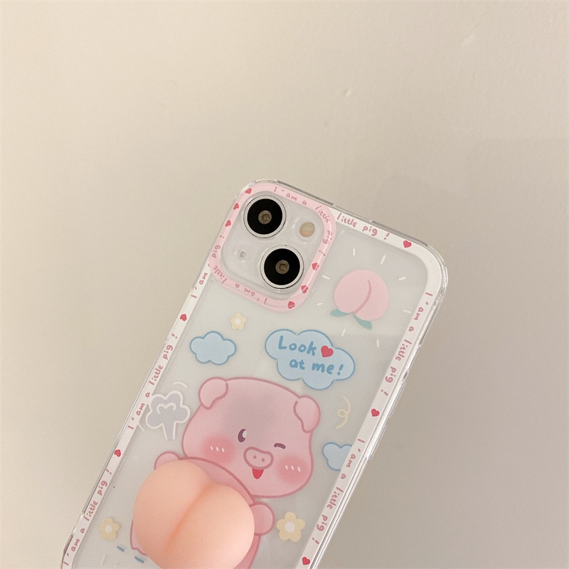 Ốp điện thoại TPU mềm Chú lợn hồng gắn đào dễ thương 6 6s Plus 7 Plus 8 Plus13/13pro/13promax/12/12pro/12promax/11promax