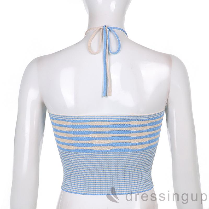 Áo Dệt Kim Không Tay Cổ Yếm Họa Tiết Kẻ Sọc Dáng Ôm Thời Trang Mùa Hè Cho Nữ