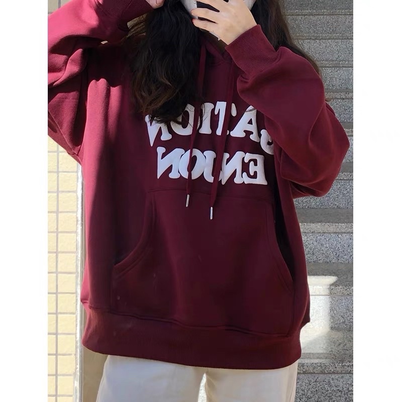 Áo Hoodie Nỉ Bông Dài Tay Màu Đỏ Sậm Chữ In GATION ENJON