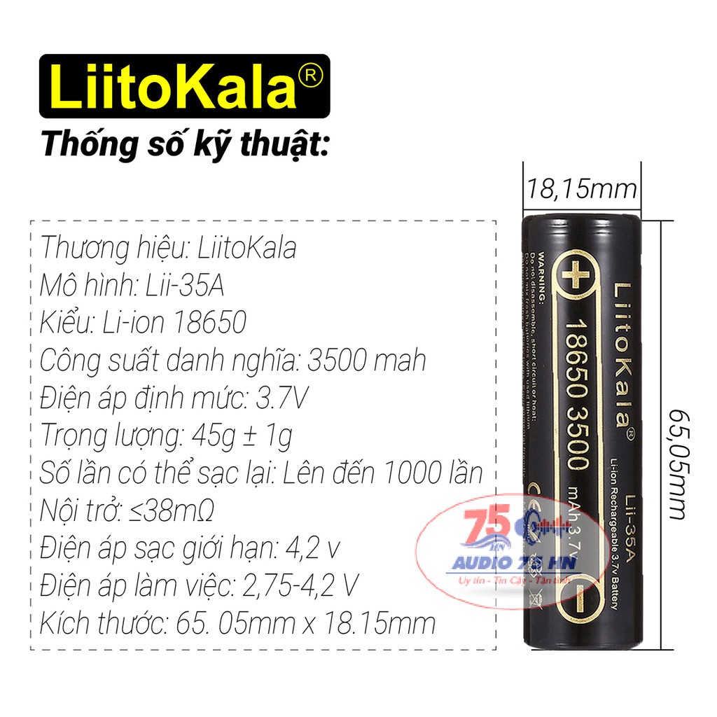 01 viên pin sạc LiitoKala lii-35A Pin lithium 3.7V 18650 dung lượng cao 3500mah cao cấp