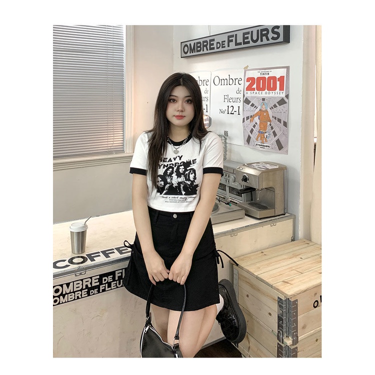 Large size 2022 summer black-and-white short-sleeved T-shirt women's short spicy blouse fat mm skirt set