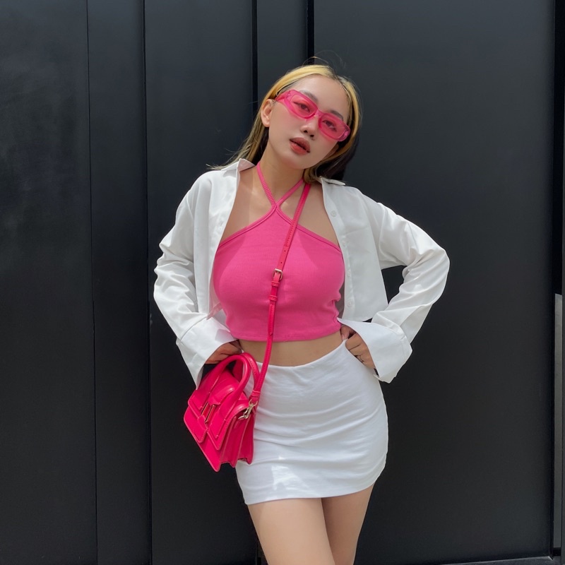 Áo cổ yếm thun gân cột dây ôm sát