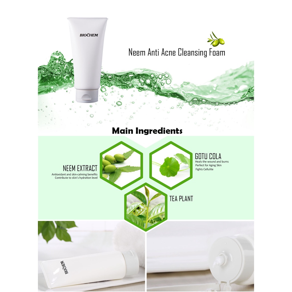 Sữa rửa mặt BIOCHEM Anti Acne dành cho da mụn chiết xuất lá Neem làm sạch sâu và ngăn ngừa mụn
