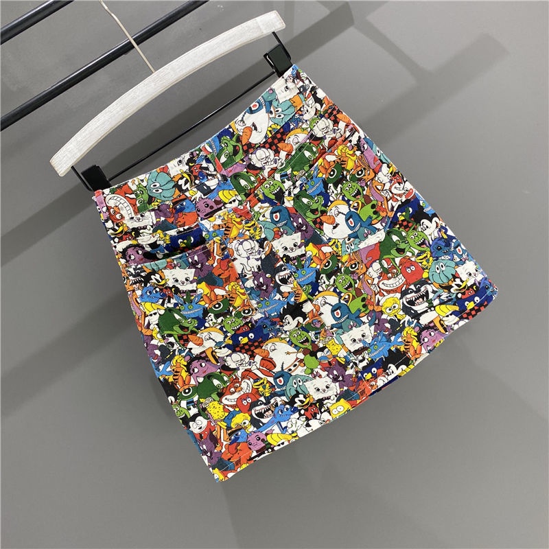 Jiashucheng Chân Váy Denim Chữ a Lưng Cao In Họa Tiết Hoạt Hình Thời Trang Mùa Hè Dễ Phối Đồ