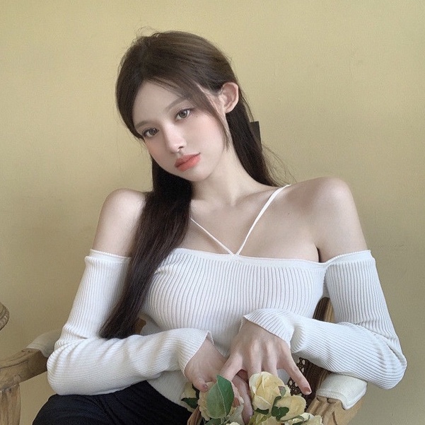 Happy-store ❤️ Áo croptop nữ tay dài kiểu yếm hở vai dây chéo ngực High Standard Top happy store8668