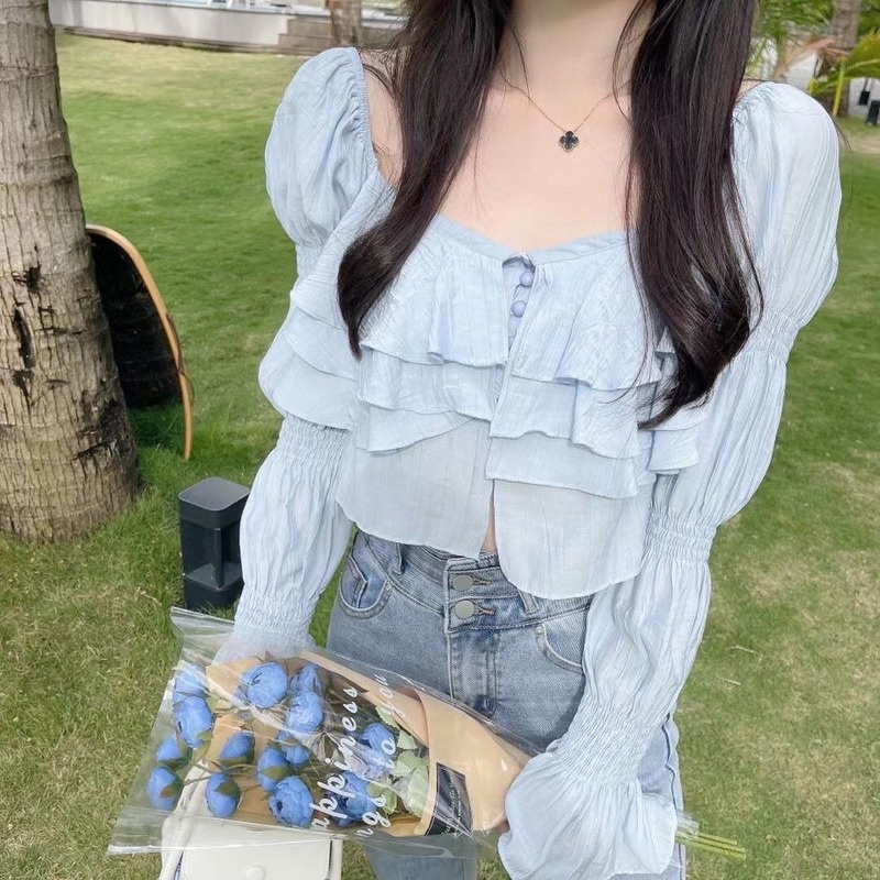 Áo Sơ Mi Chiffon Tay Dài Viền Bèo Màu Xanh Dương Thời Trang Mùa Xuân Cho Nữ