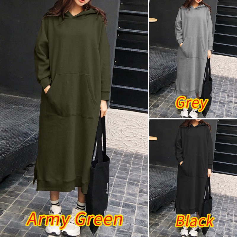 Đầm Hoodie ZANZEA Tay Dài Phối Túi Phía Trước Thời Trang Cho Nữ