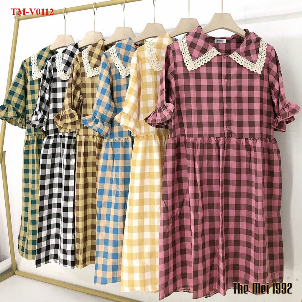 Váy suông nữ The Mei 1992 -  Đầm bầu nữ chất cotton cao cấp kẻ caro tay lửng dáng dài đính cúc siêu xinh