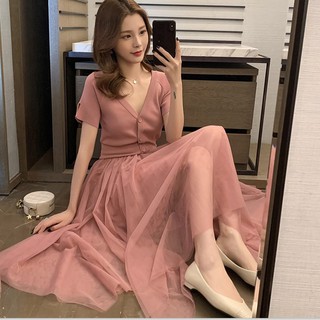 Women's knitted short sleeve dress 2021 spring new Korean knitted short sleeve mesh dress with thin waist and Platycodon V-neck dress