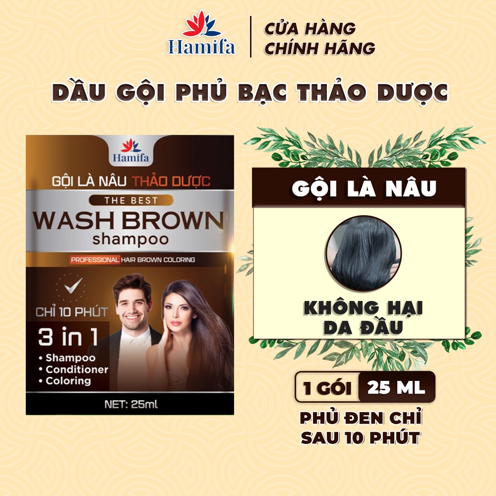 Dầu Gội Phủ Bạc Hamifa Dầu Gội Thảo Dược Nhuộm Tóc Gội Là Nâu Trong 5 phút  - Hộp 6 Gói 25ml